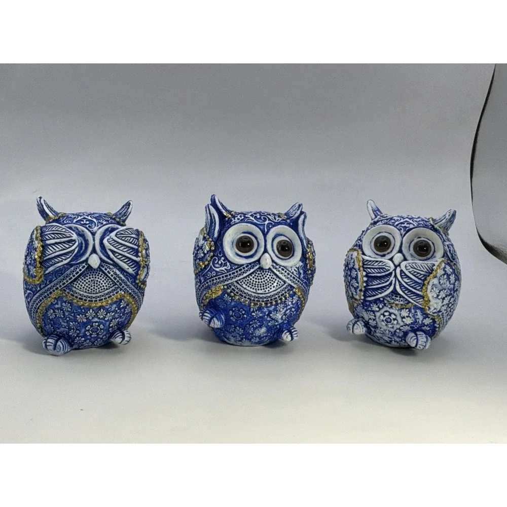 See No Evil Hear No Evil Speak No Evil Blue/white Resin Owls Gold Accents